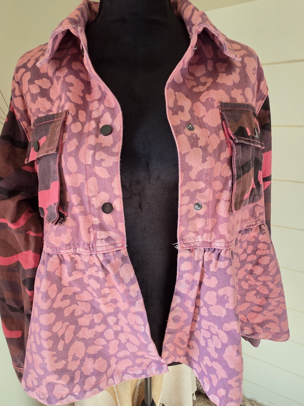J.nna S Pink|Purple Camo LEOPARD Print Peplum Shacket Utility Denim Jacket